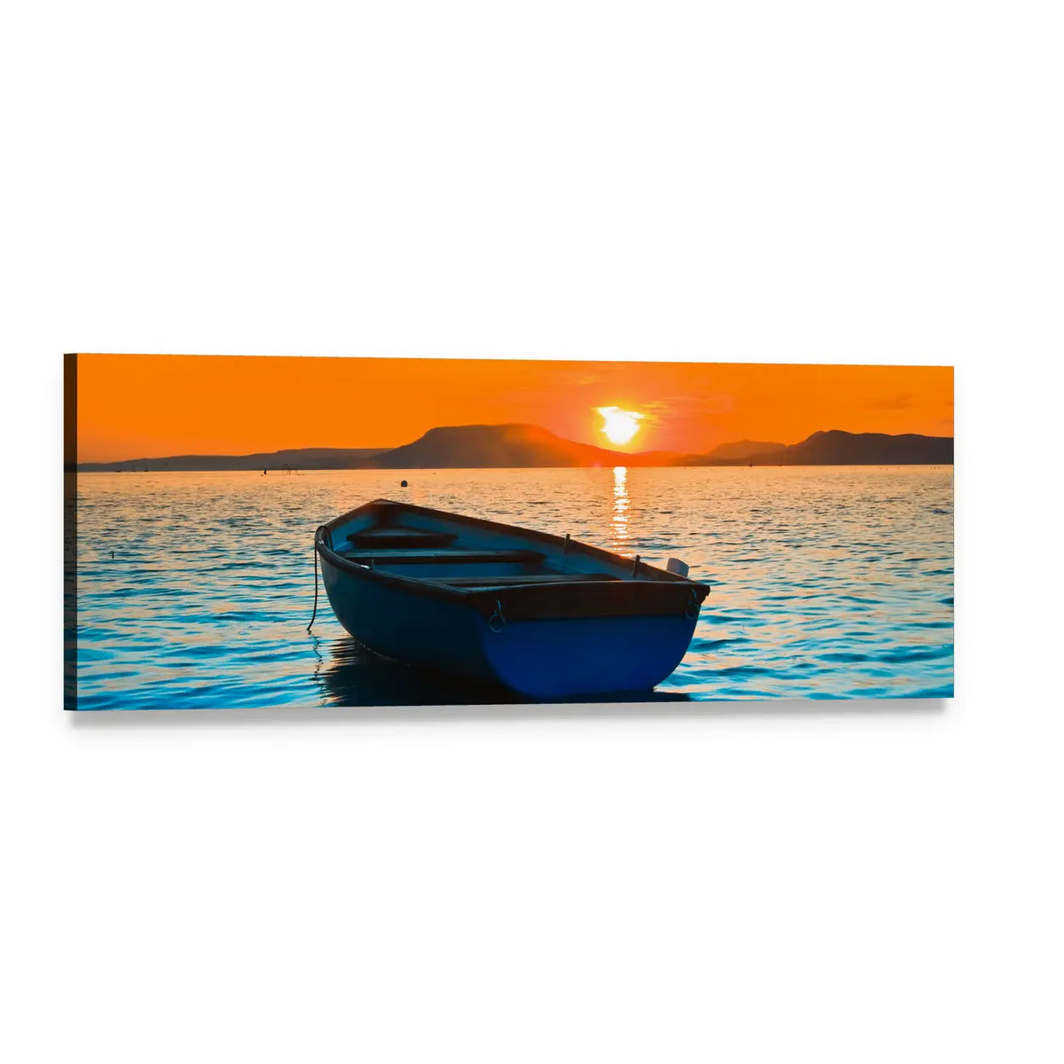 Blue Fishing Boat at Sunset Panoramic Canvas Wall Art, single panel gallery wrapped canvas, angled product view