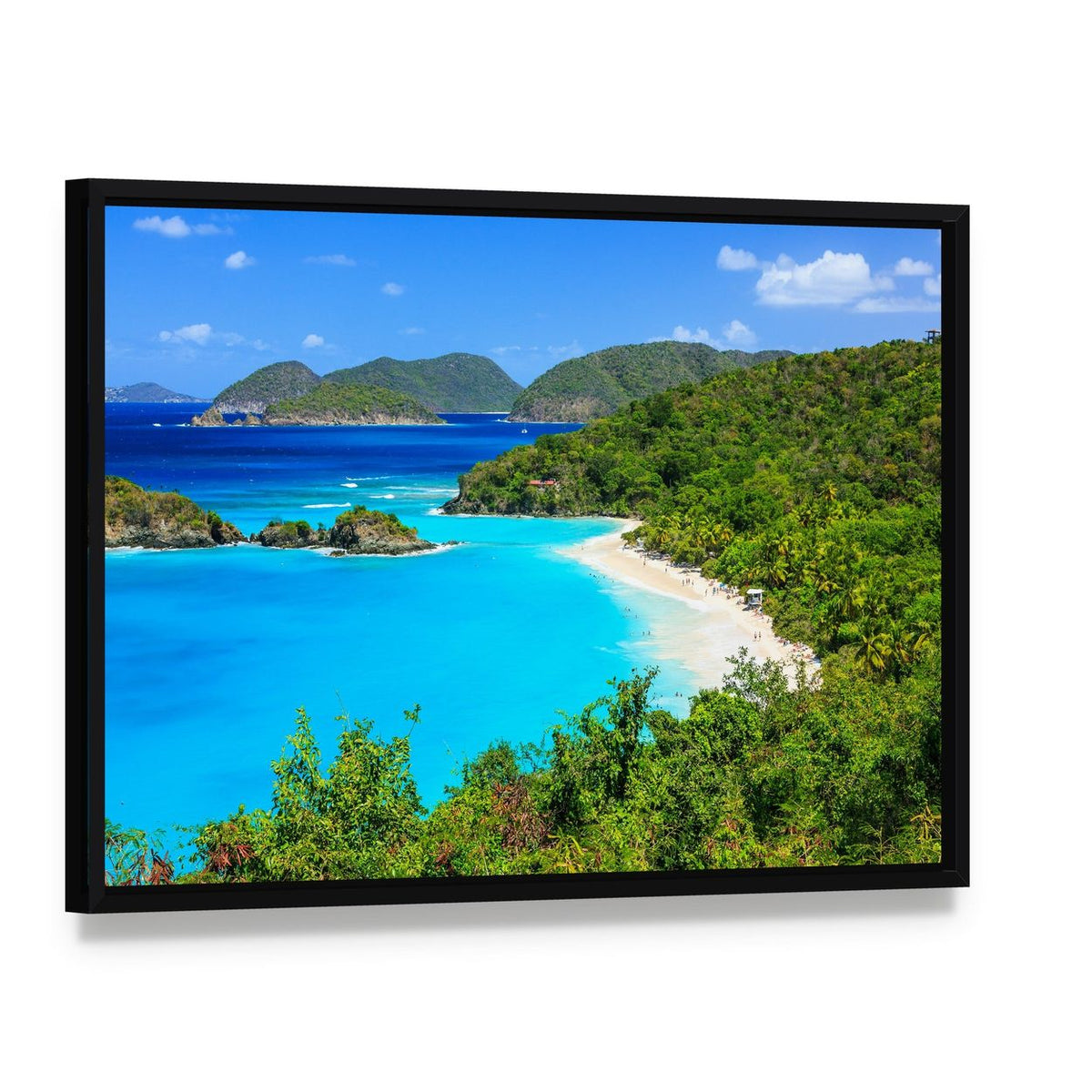Trunk Bay, St John Beach Canvas Wall Art, framed canvas in a black floater frame, angled product view