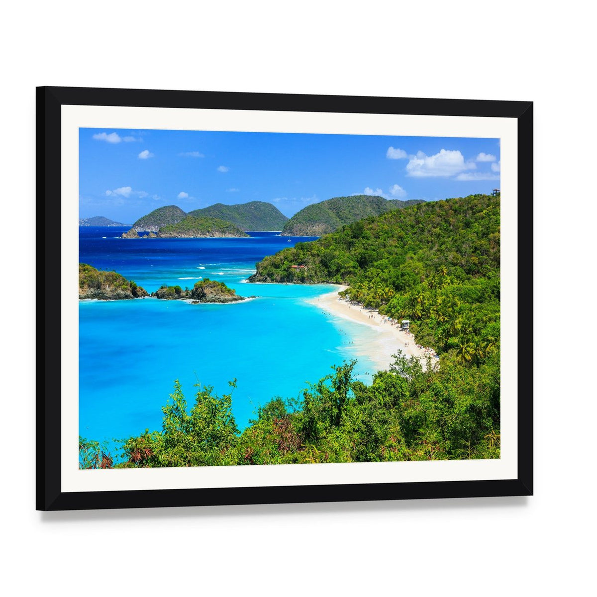 Trunk Bay, St John Beach Canvas Wall Art, framed print with white mat and black frame, angled product view