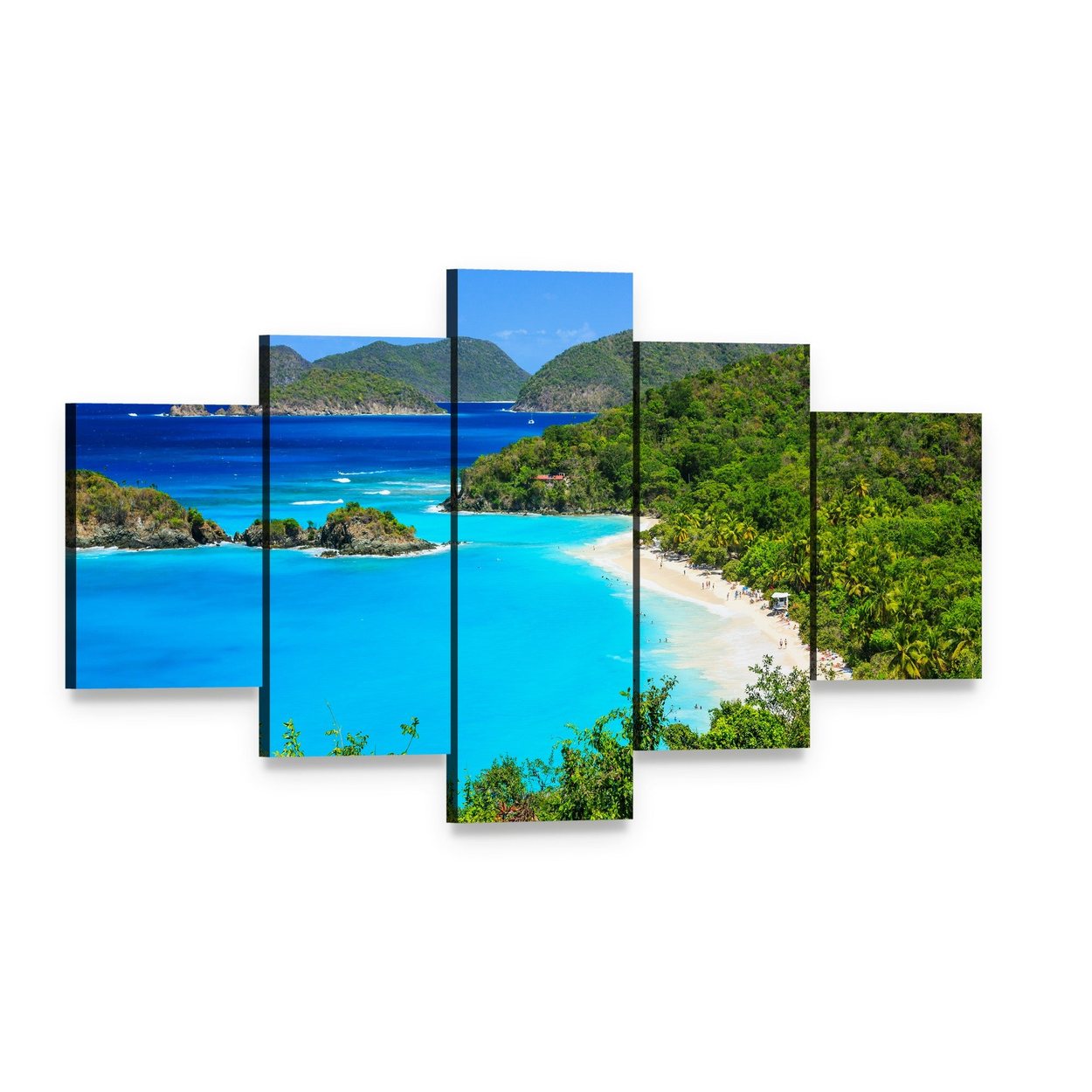 Trunk Bay, St John Beach Canvas Wall Art, 5 panel 5 Star layout gallery wrapped canvas set, angled product view