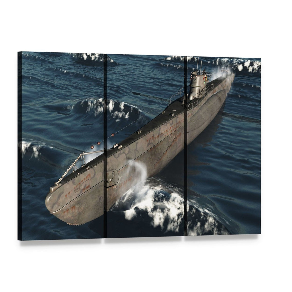 U-99 German Wwii Submarine Canvas Wall Art, 3 panel 3 Horizontal layout gallery wrapped canvas set, angled product view