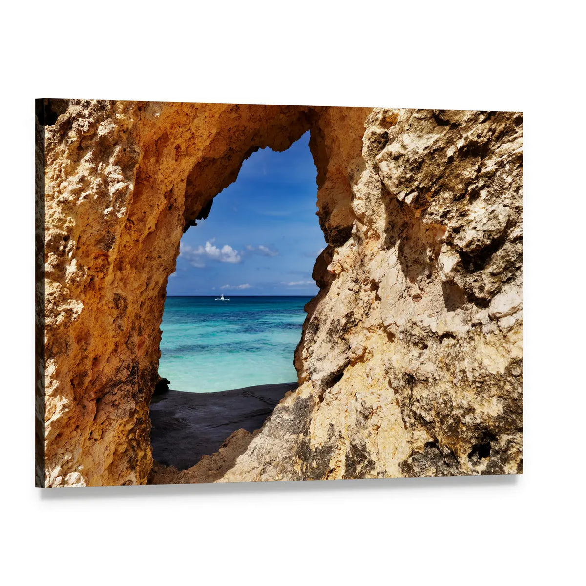 Coastal View Through Rock Arch Canvas Wall Art, single panel gallery wrapped canvas, angled product view