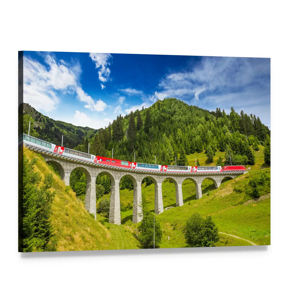 Red Train on Landwasser Viaduct Canvas Wall Art, single panel gallery wrapped canvas, angled product view