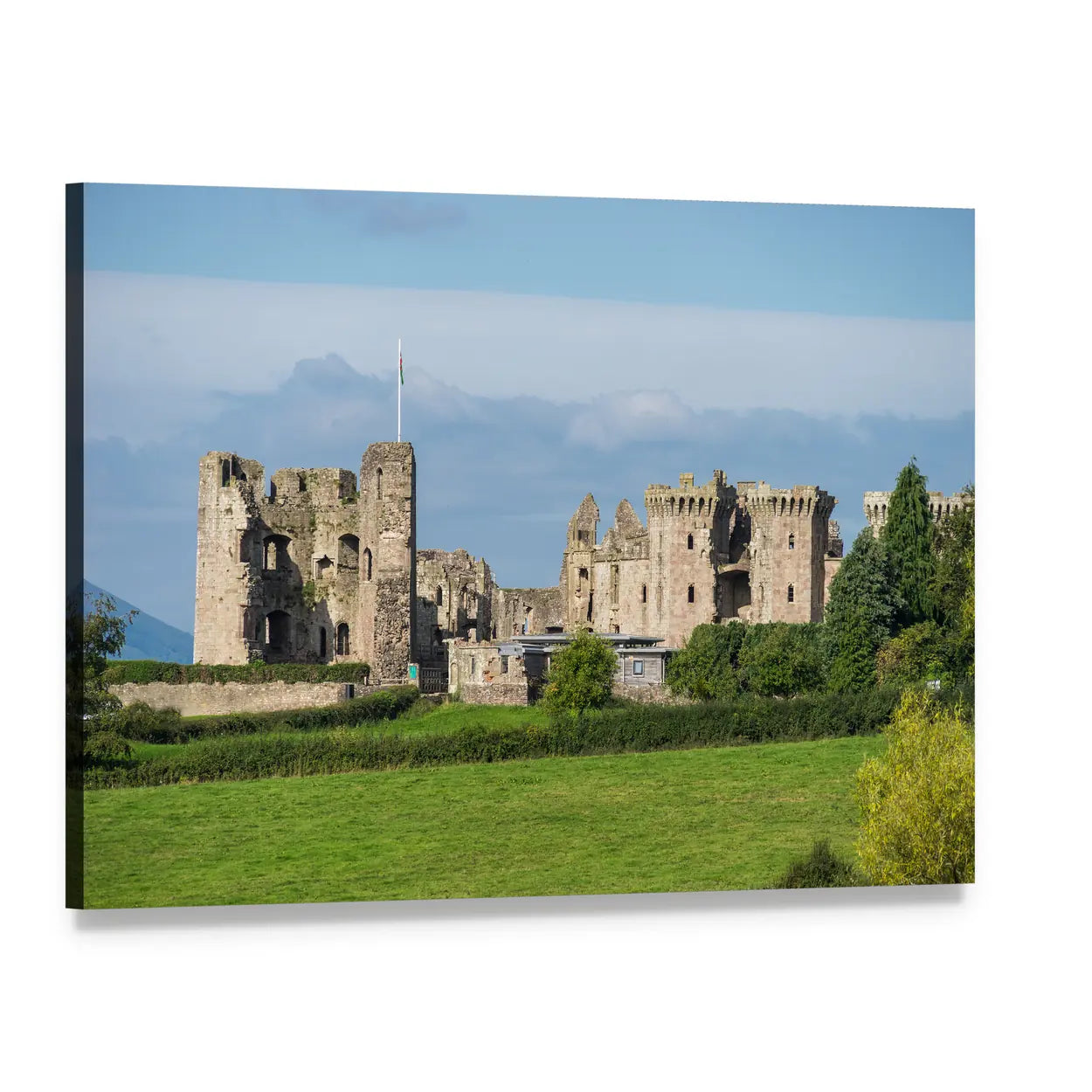 Raglan Castle Ruins in Green Meadow Canvas Wall Art, single panel gallery wrapped canvas, angled product view