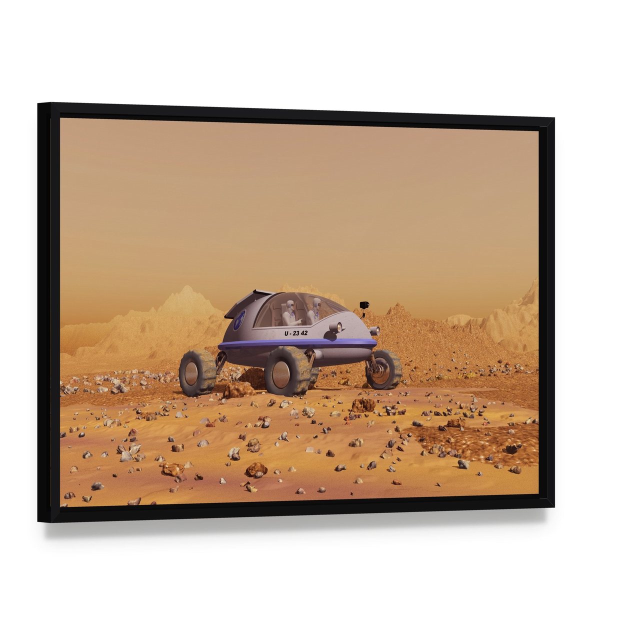 Human Vehicle on Mars Canvas Wall Art, framed canvas in a black floater frame, angled product view