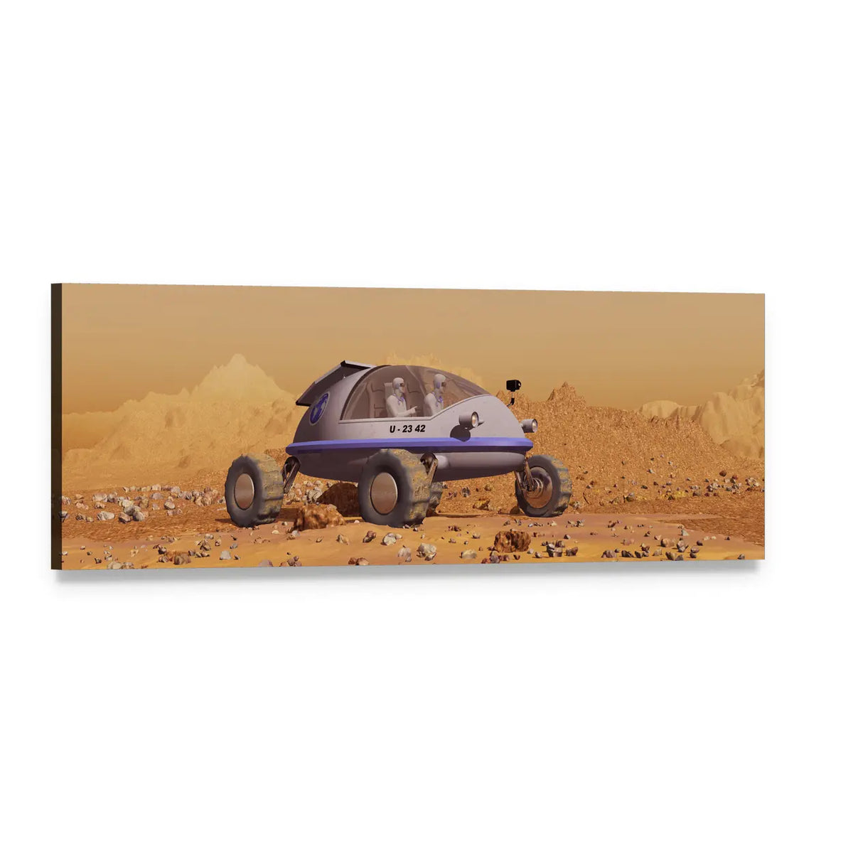 Three-wheeled Mars Rover with Astronauts Panoramic Canvas Wall Art, single panel gallery wrapped canvas, angled product view