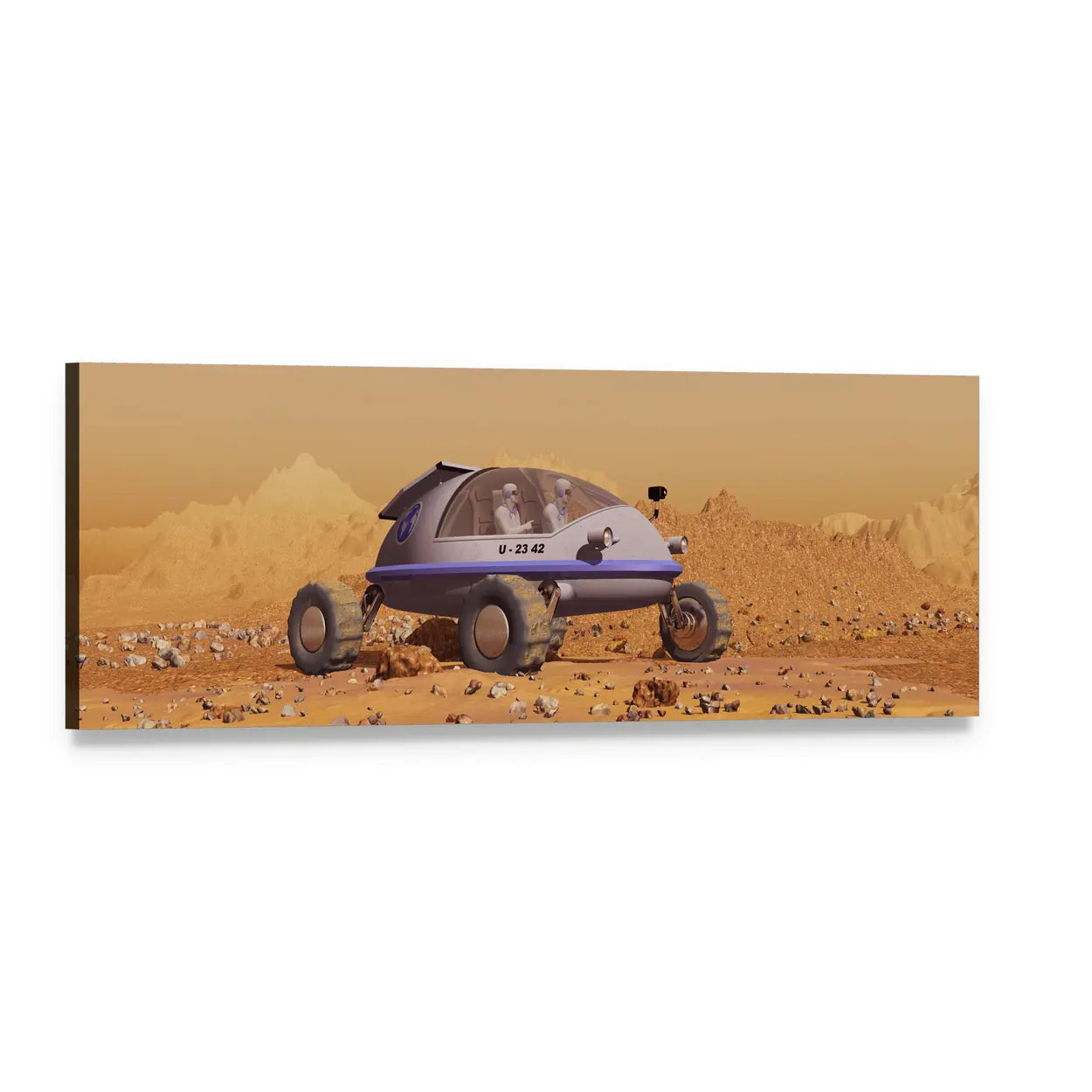 Three-wheeled Mars Rover with Astronauts Panoramic Canvas Wall Art, single panel gallery wrapped canvas, angled product view