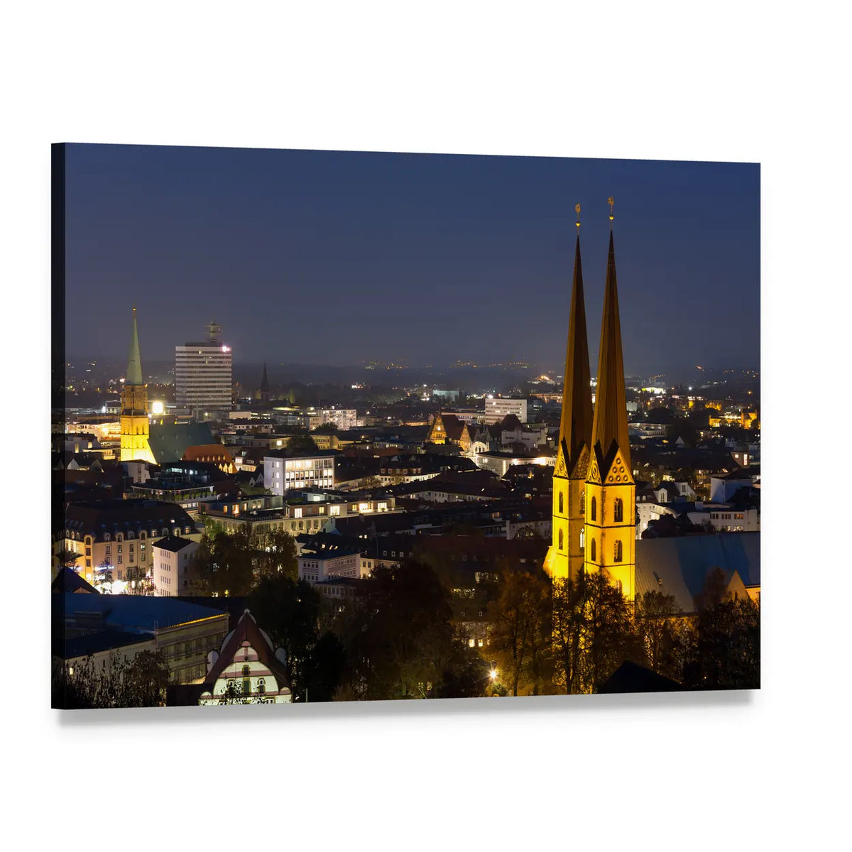 Bielefeld Night Skyline with Illuminated Church Spires Canvas Wall Art, single panel gallery wrapped canvas, angled product view