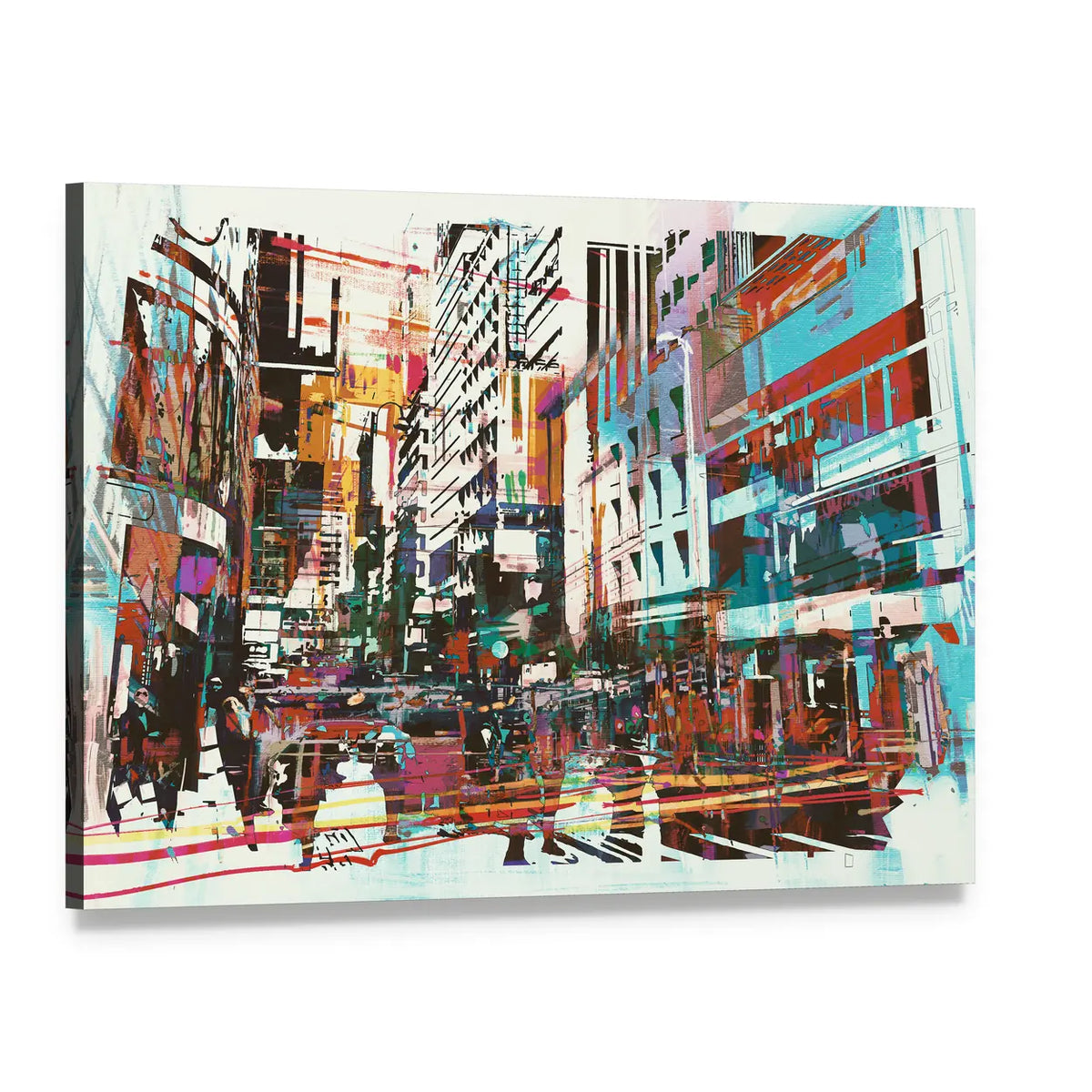Energetic Abstract Cityscape in Cyan and Red Canvas Wall Art, single panel gallery wrapped canvas, angled product view