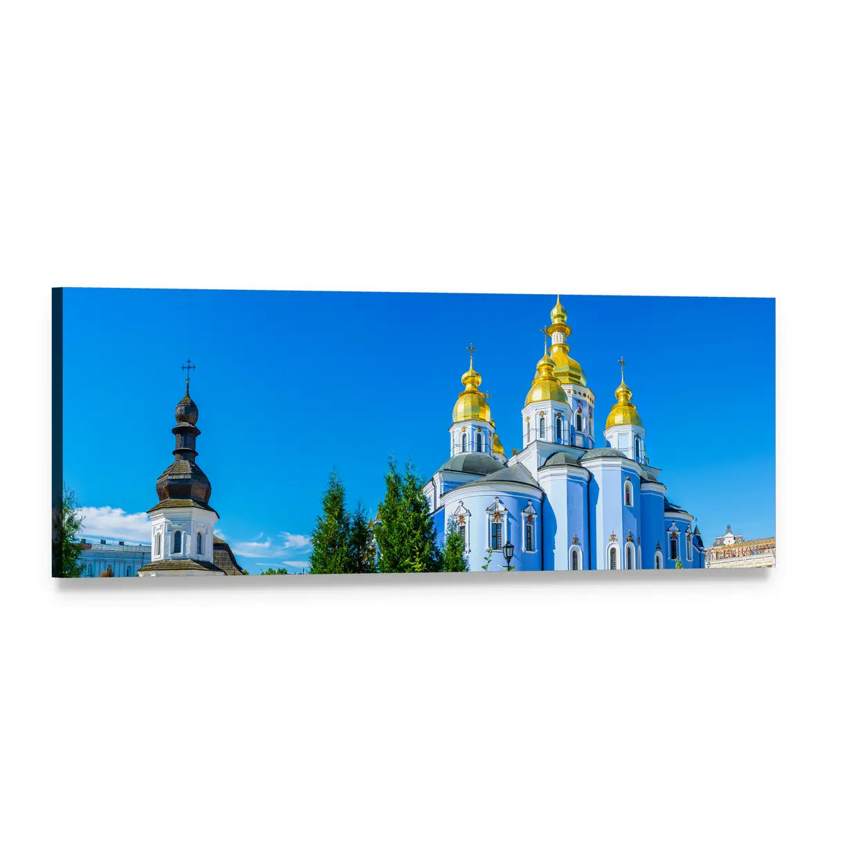 Blue Orthodox Cathedral with Golden Domes Panoramic Canvas Wall Art, single panel gallery wrapped canvas, angled product view
