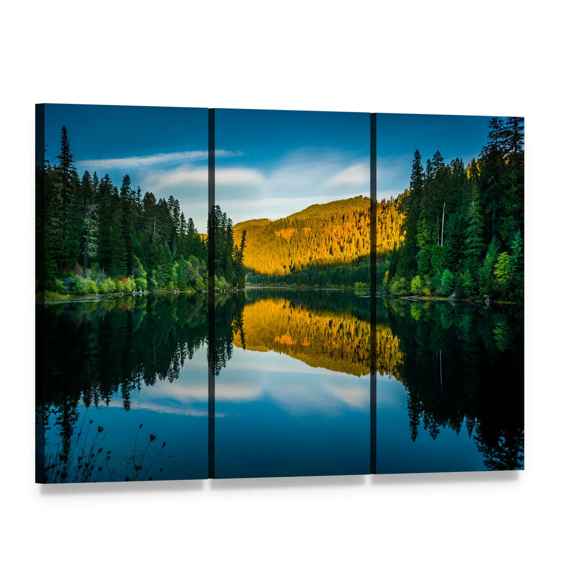 Toketee Lake Oregon Sunlit Peaks Reflection Canvas Wall Art, 3 panel 3 Horizontal layout gallery wrapped canvas set, angled product view