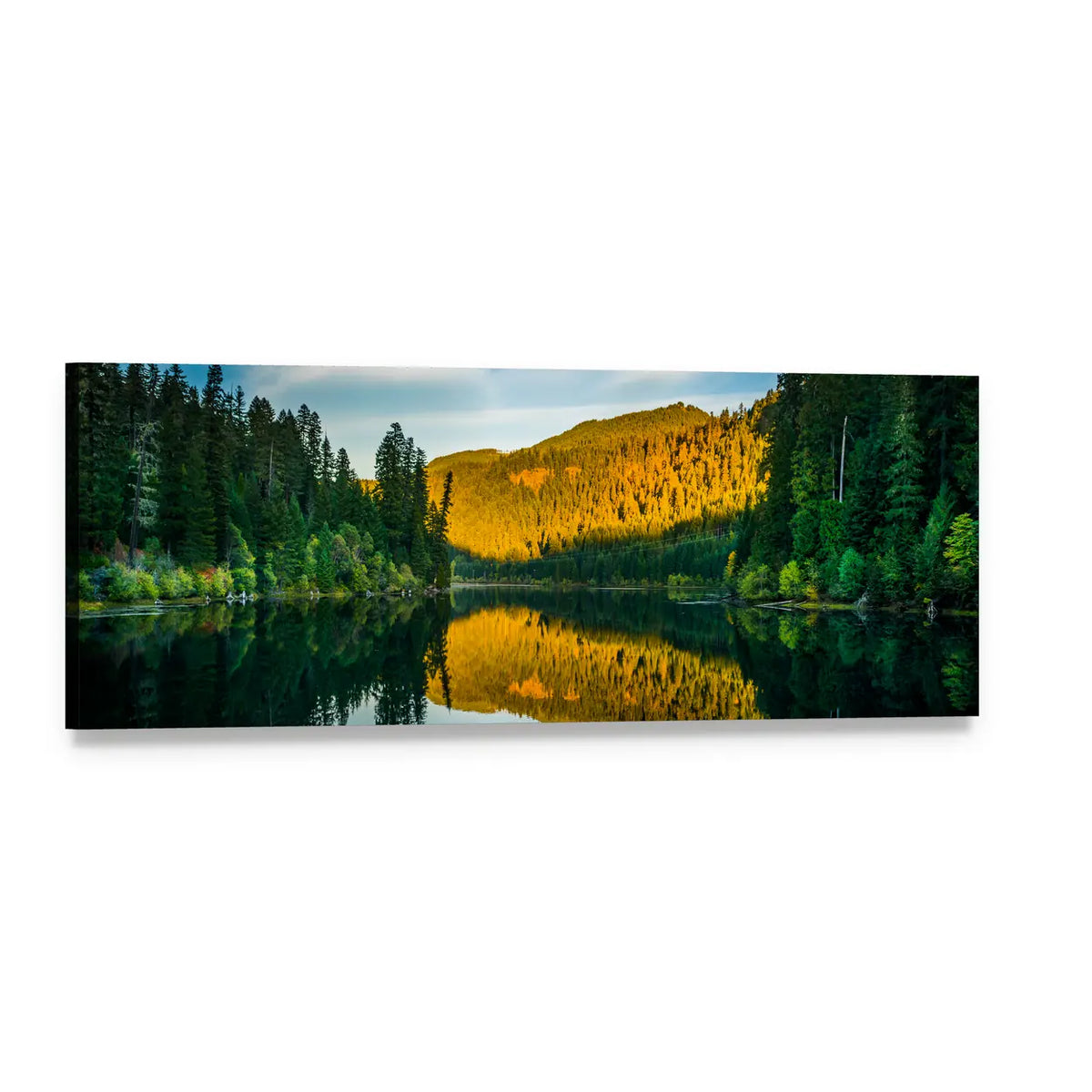 Toketee Lake Golden Hour Reflection Panoramic Canvas Wall Art, single panel gallery wrapped canvas, angled product view