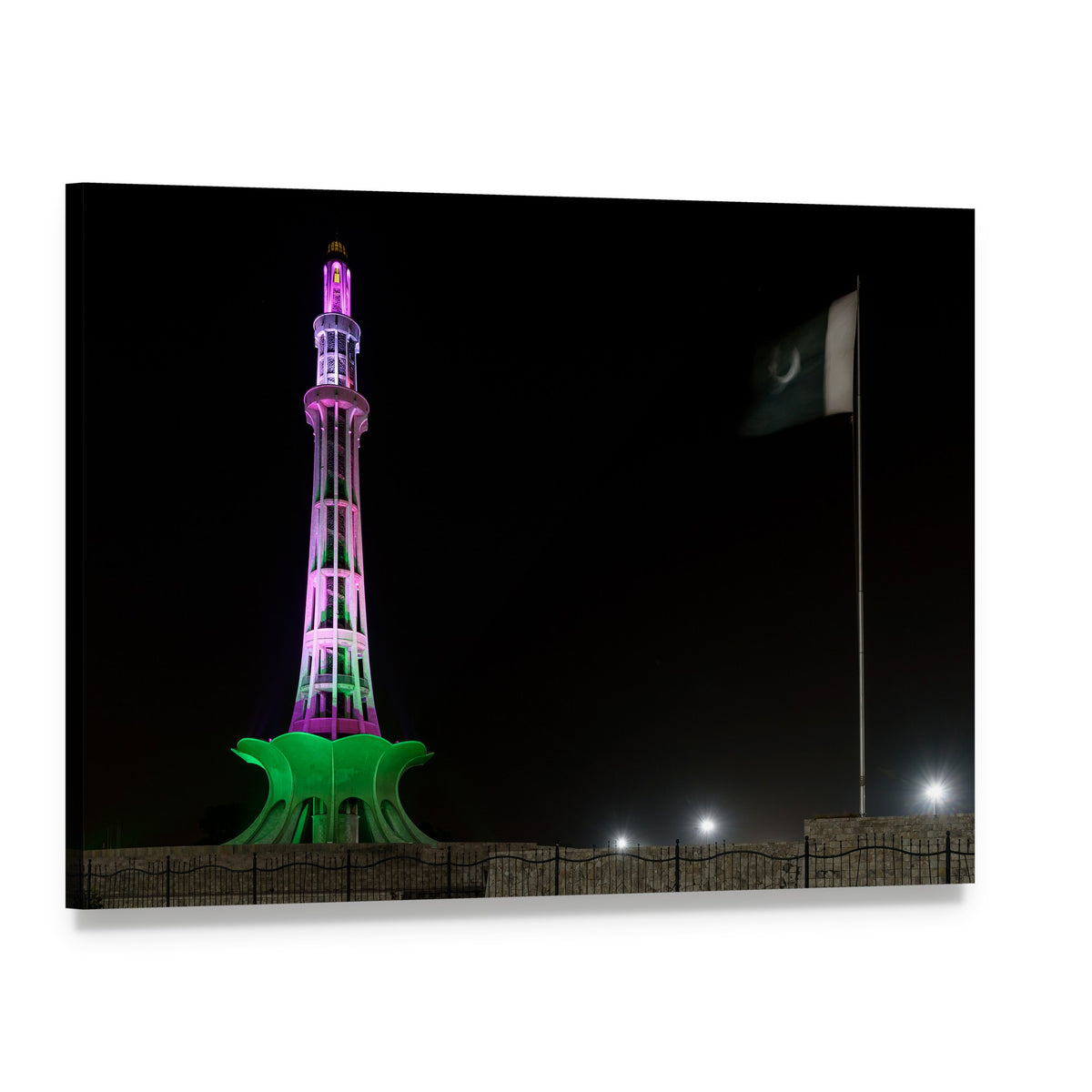 Minar-e-pakistan Illuminated at Night Canvas Wall Art, single panel gallery wrapped canvas, angled product view
