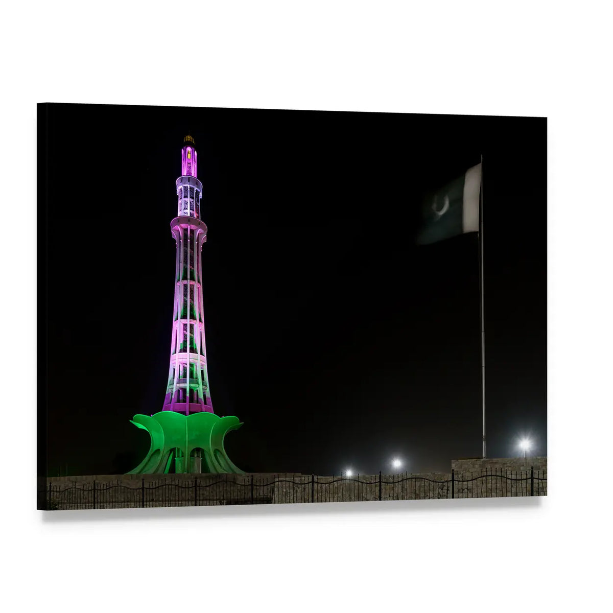 Minar-e-pakistan at Night Canvas Wall Art, single panel gallery wrapped canvas, angled product view