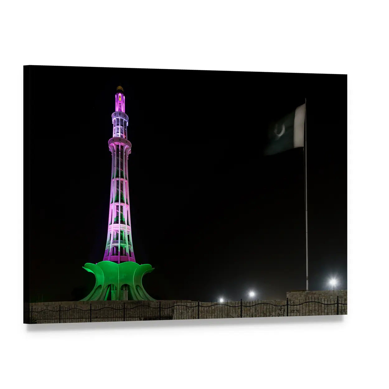 Minar-e-pakistan at Night Canvas Wall Art, single panel gallery wrapped canvas, angled product view