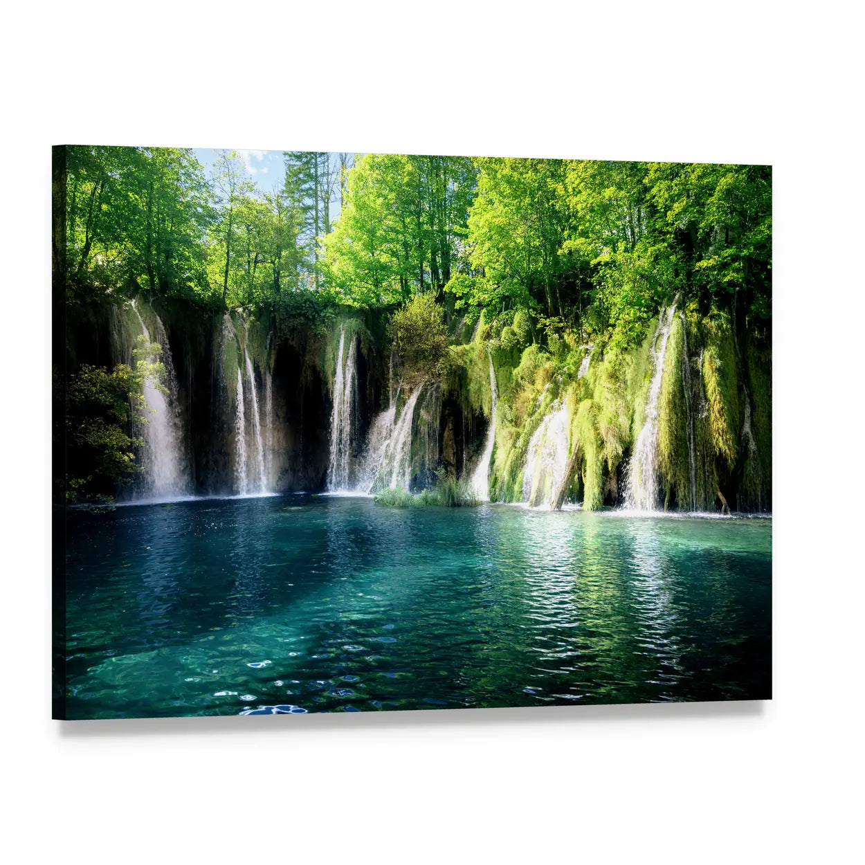 Plitvice Waterfalls in Lush Forest Canvas Wall Art, single panel gallery wrapped canvas, angled product view