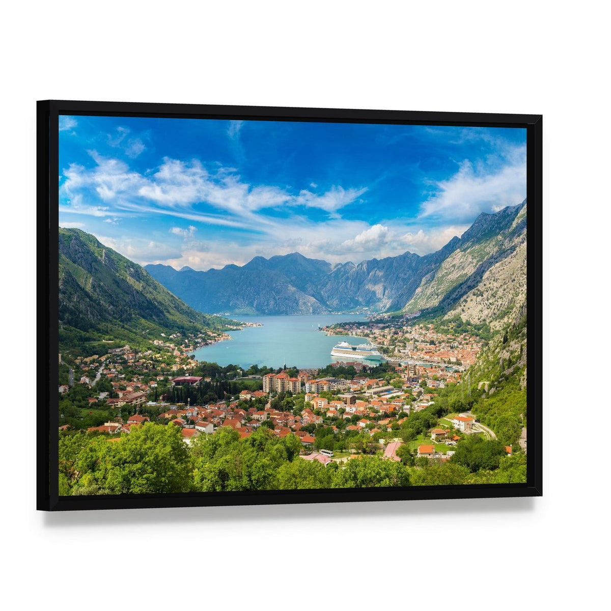 Kotor Bay View, Montenegro Canvas Wall Art, framed canvas in a black floater frame, angled product view