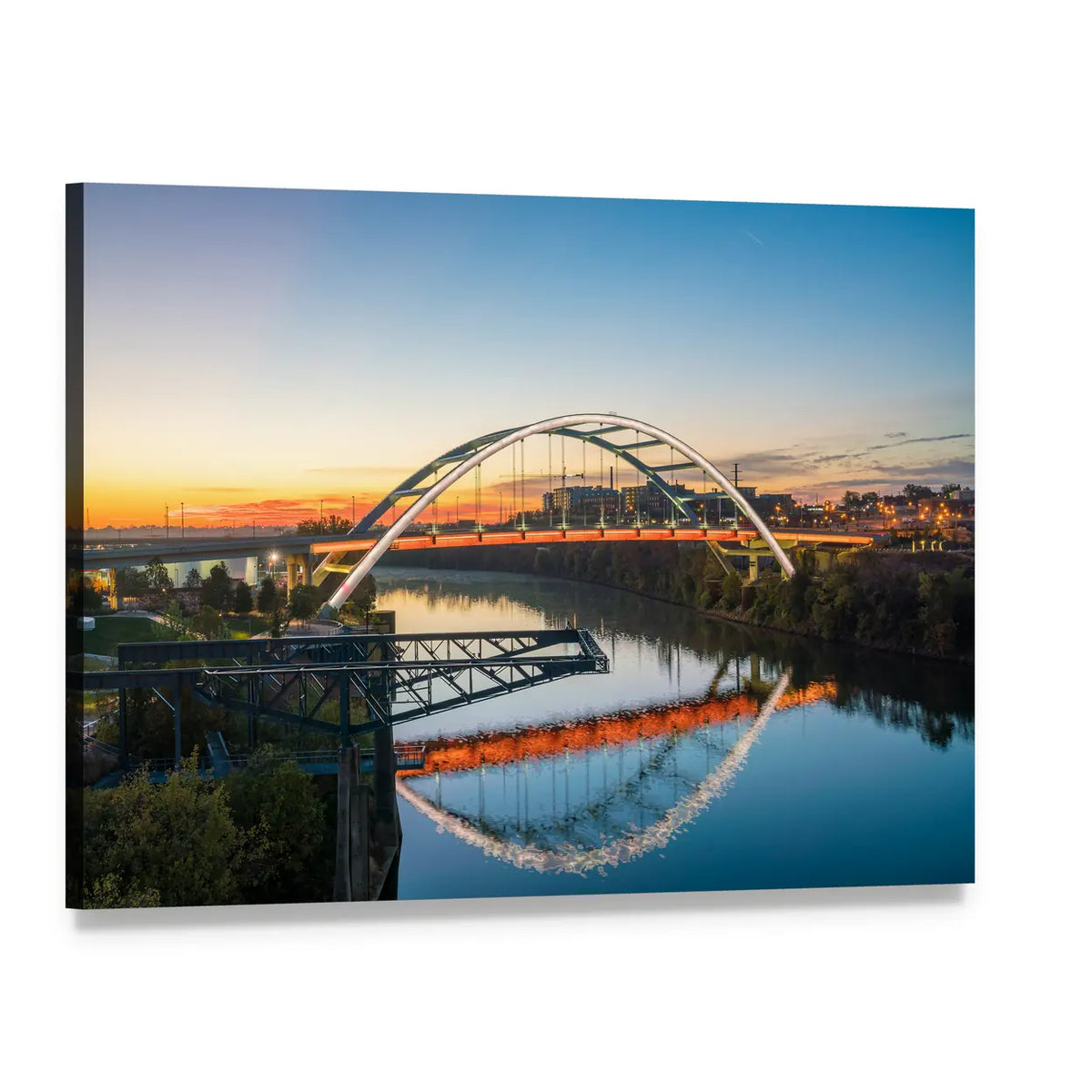 Tennessee Bridge and Skyline at Sunset Canvas Wall Art, single panel gallery wrapped canvas, angled product view