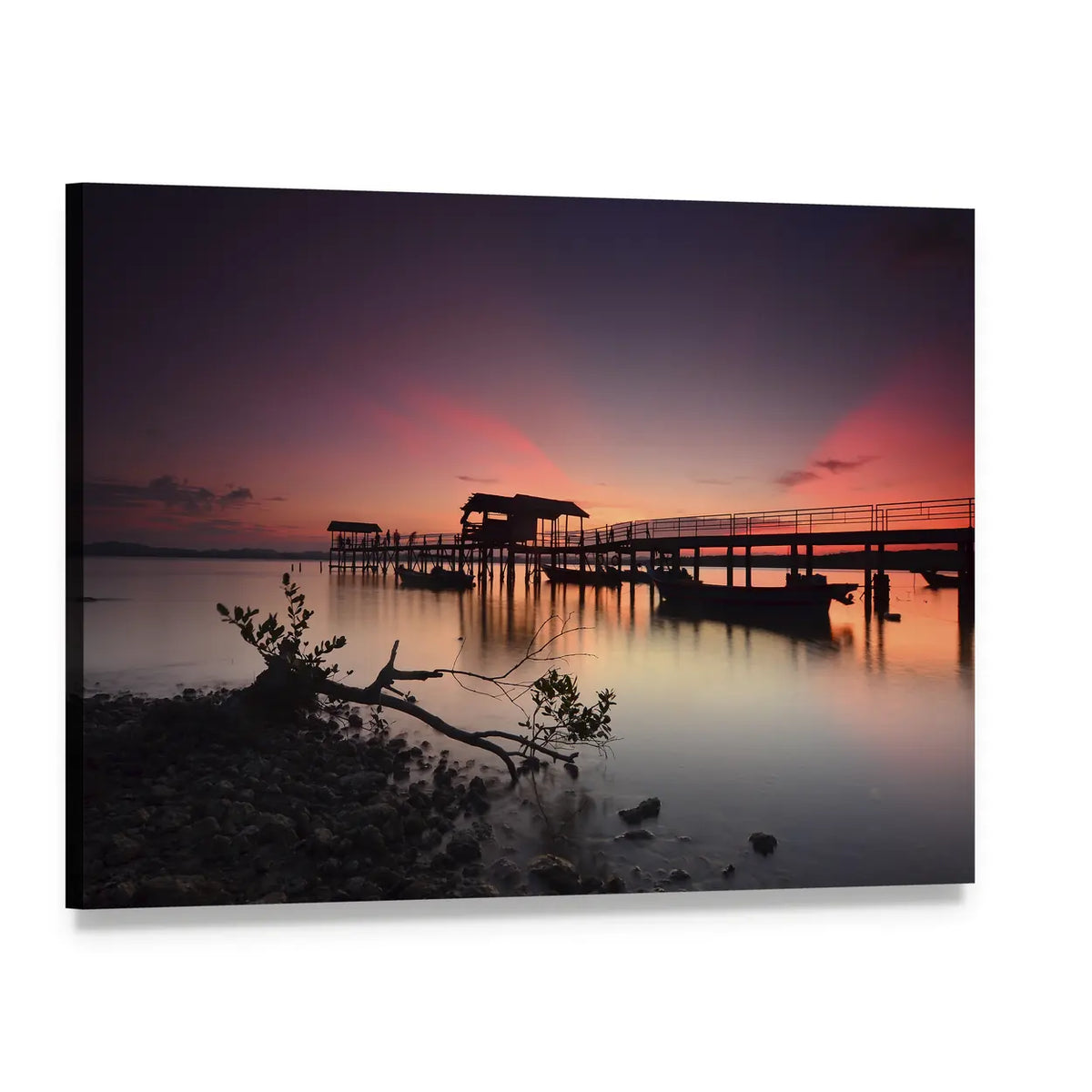 Sunset Over Wooden Jetty Canvas Wall Art, single panel gallery wrapped canvas, angled product view