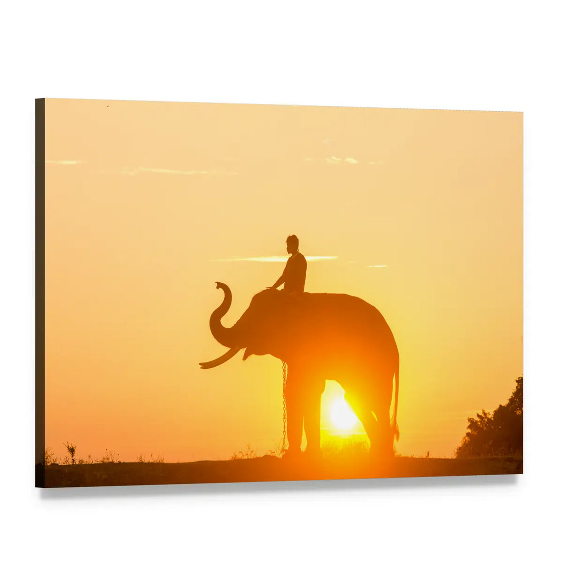 Elephant Silhouette with Rider at Sunset Canvas Wall Art, single panel gallery wrapped canvas, angled product view