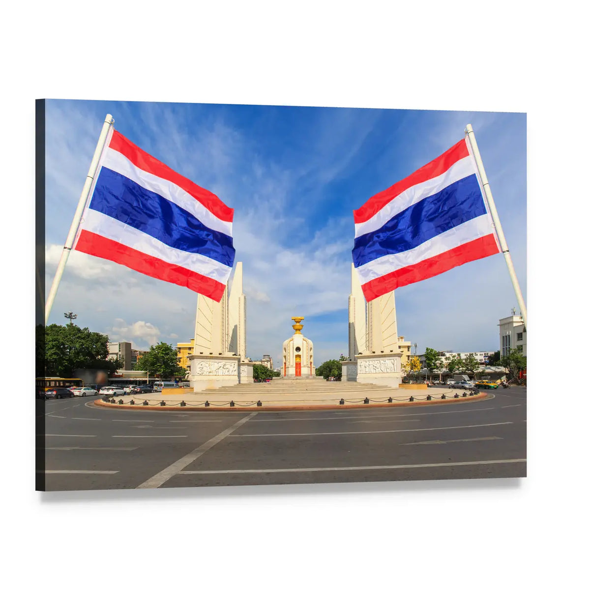 Democracy Monument with Thai Flags Canvas Wall Art, single panel gallery wrapped canvas, angled product view
