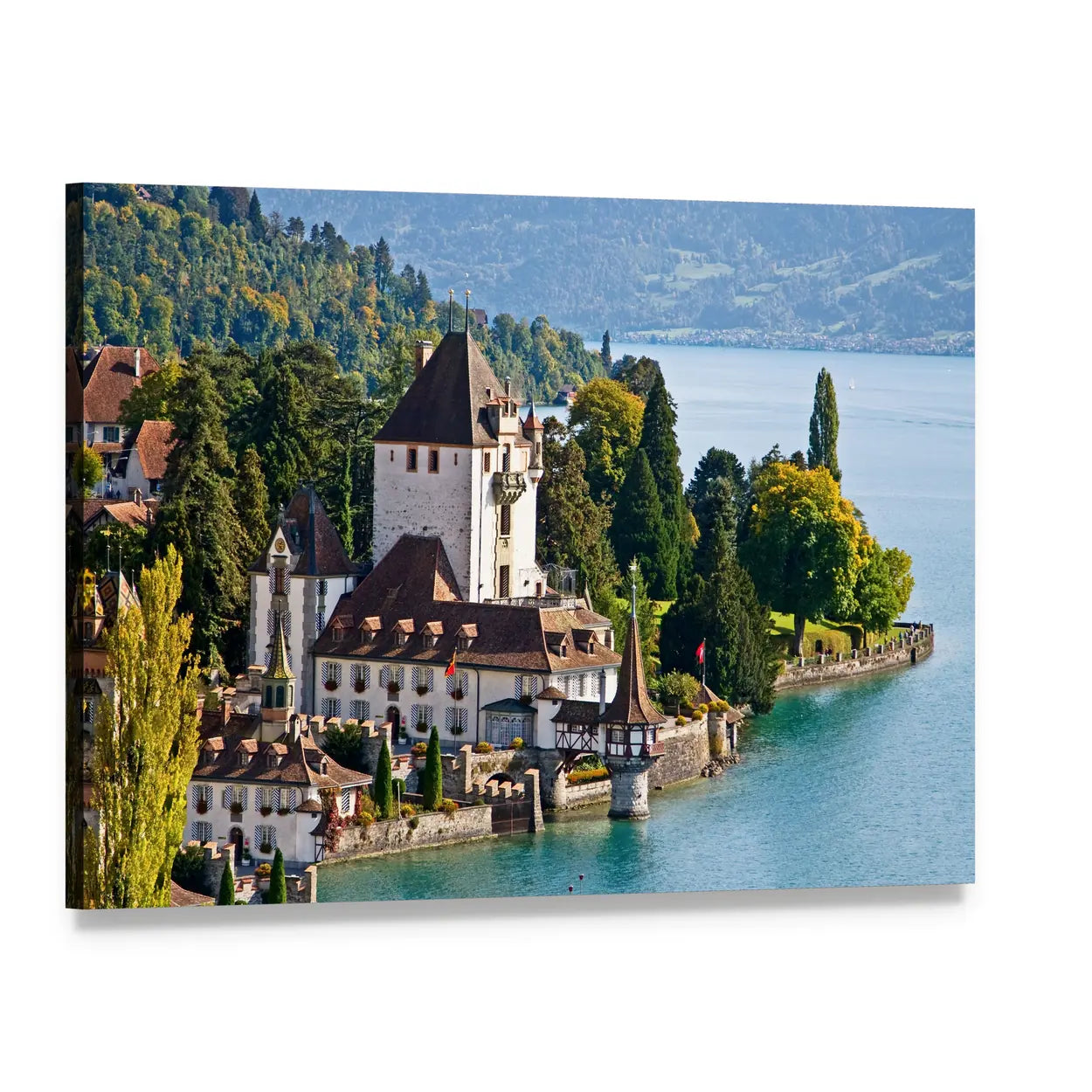 Oberhofen Castle on Turquoise Lake Canvas Wall Art, single panel gallery wrapped canvas, angled product view