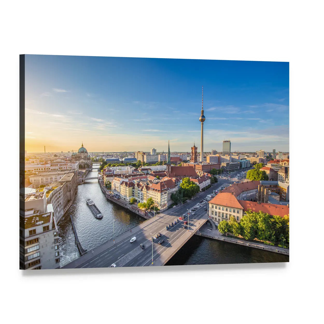 Berlin Skyline at Golden Hour Canvas Wall Art, single panel gallery wrapped canvas, angled product view