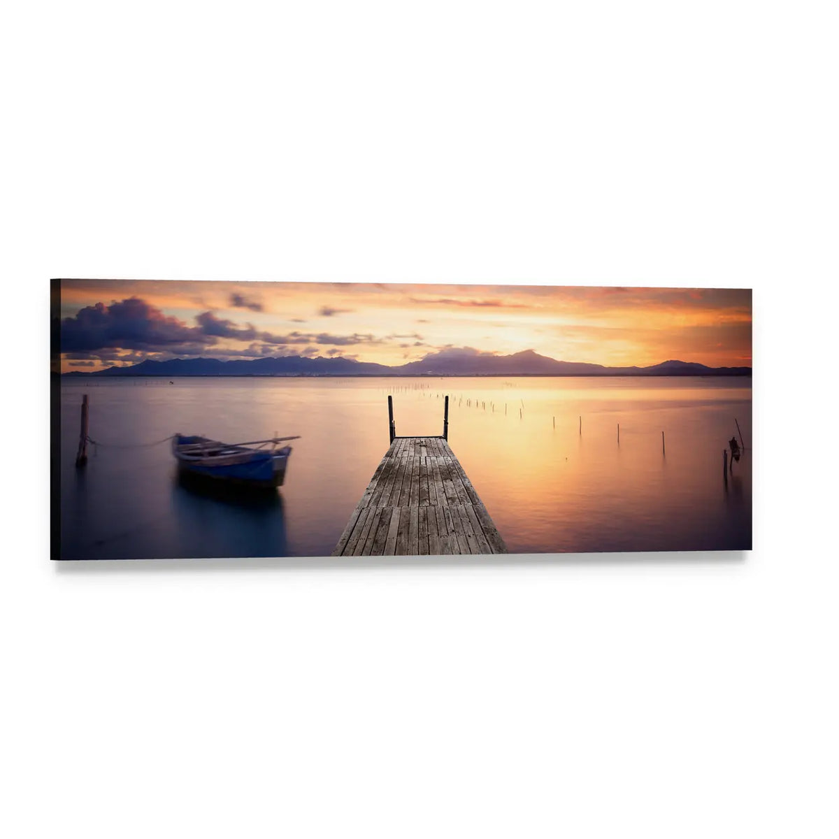 Wooden Pier with Blue Rowboat at Sunset Panoramic Canvas Wall Art, single panel gallery wrapped canvas, angled product view