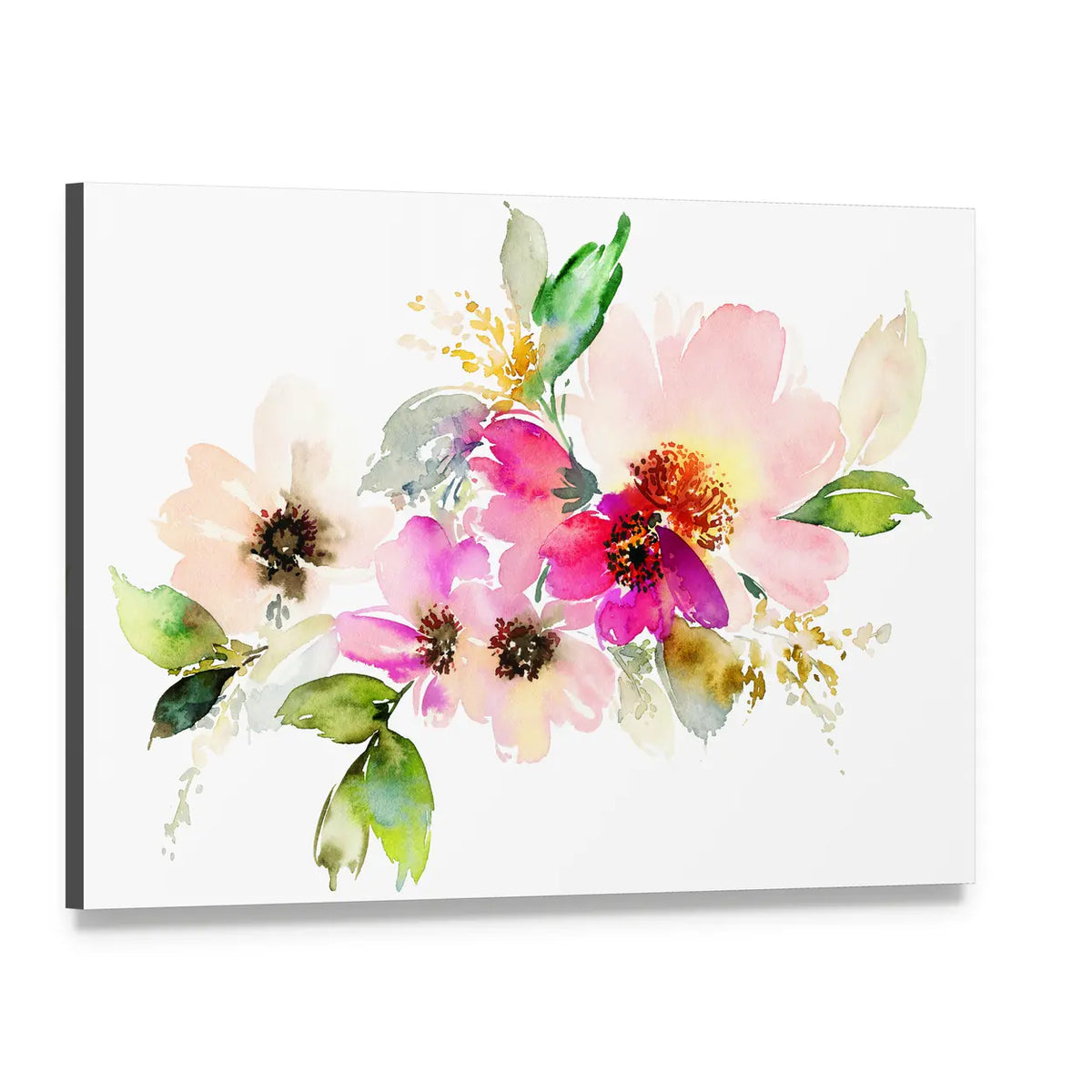 Delicate Watercolor Floral Bouquet Canvas Wall Art, single panel gallery wrapped canvas, angled product view