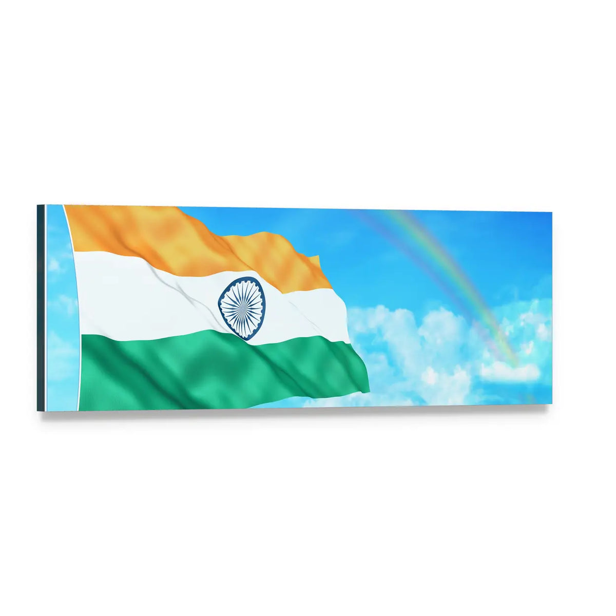 Waving Indian Flag with Rainbow Panoramic Canvas Wall Art, single panel gallery wrapped canvas, angled product view