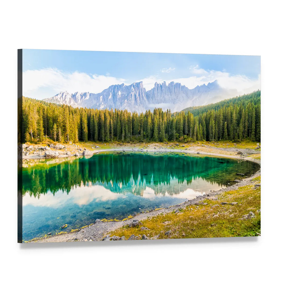 Lake Carezza Alpine Reflection Canvas Wall Art, single panel gallery wrapped canvas, angled product view