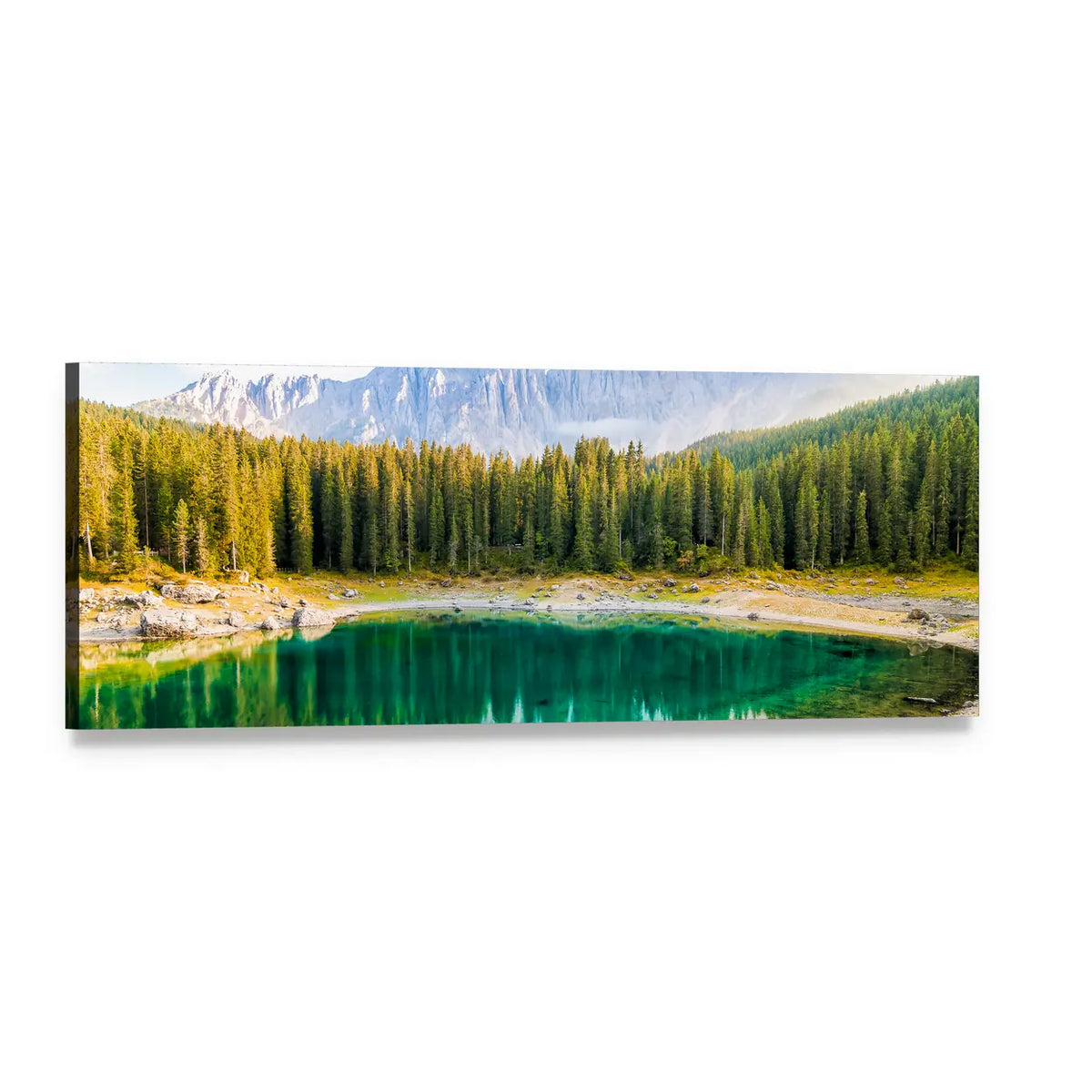 Lake Carezza Reflection Panoramic Canvas Wall Art, single panel gallery wrapped canvas, angled product view