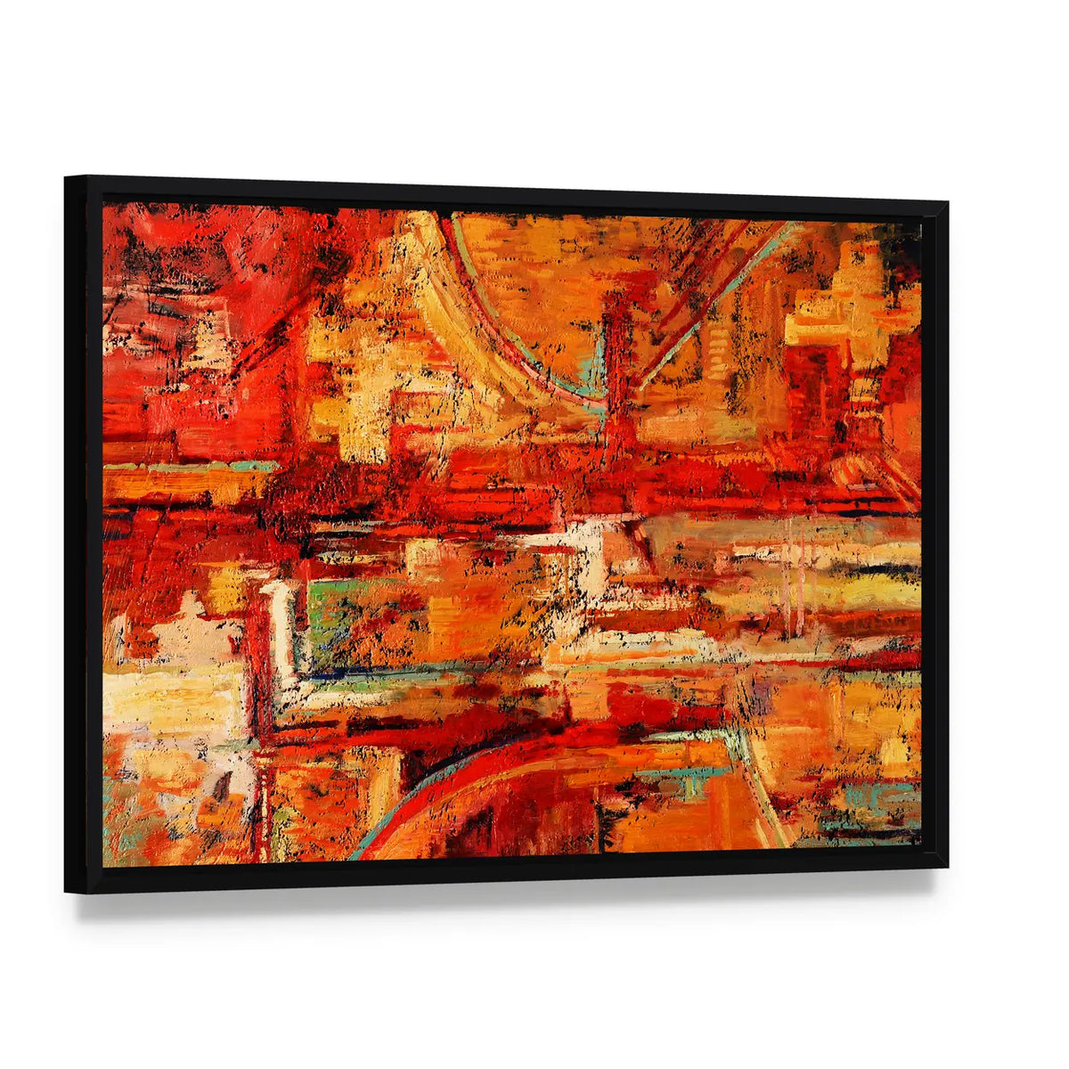 Oil Painting Brushstrokes Canvas Wall Art, framed canvas in a black floater frame, angled product view