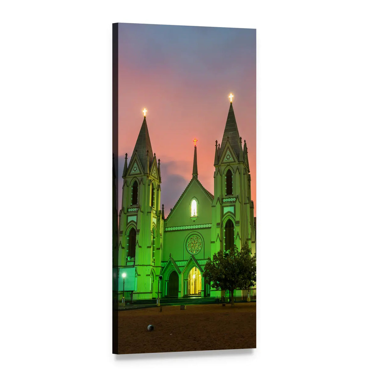 St Sebastian Cathedral Facade at Dusk Vertical Canvas Wall Art, 1 panel 1 Vertical layout gallery wrapped canvas set, angled product view