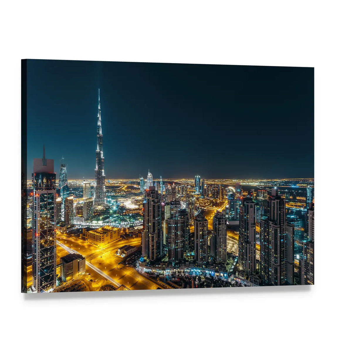 Dubai Business Bay Night Skyline Canvas Wall Art, single panel gallery wrapped canvas, angled product view