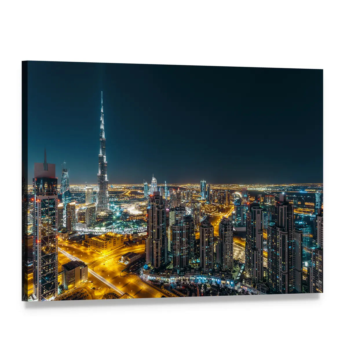 Dubai Business Bay Night Skyline Canvas Wall Art, single panel gallery wrapped canvas, angled product view
