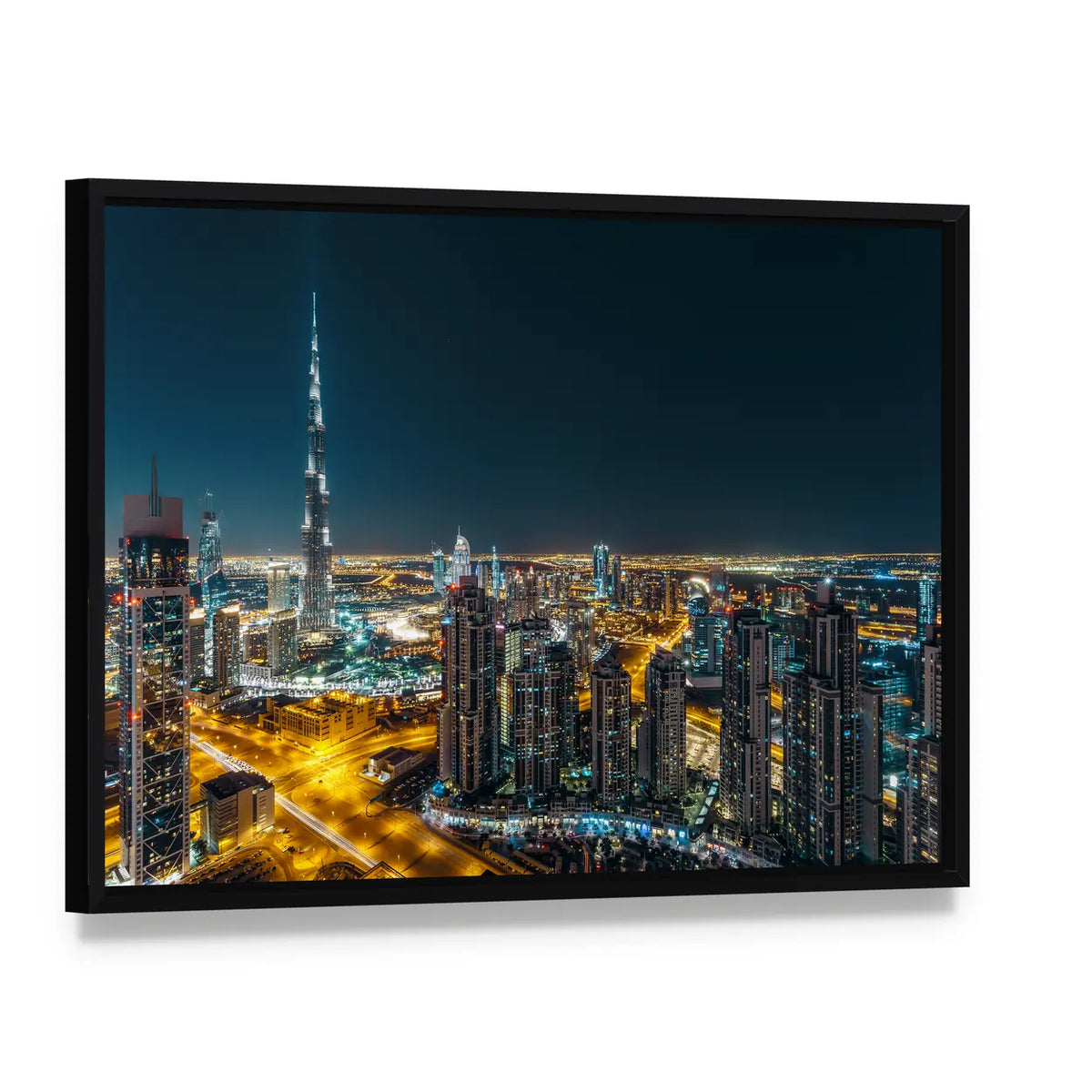 Dubai Business Bay Night Skyline Canvas Wall Art, framed canvas in a black floater frame, angled product view