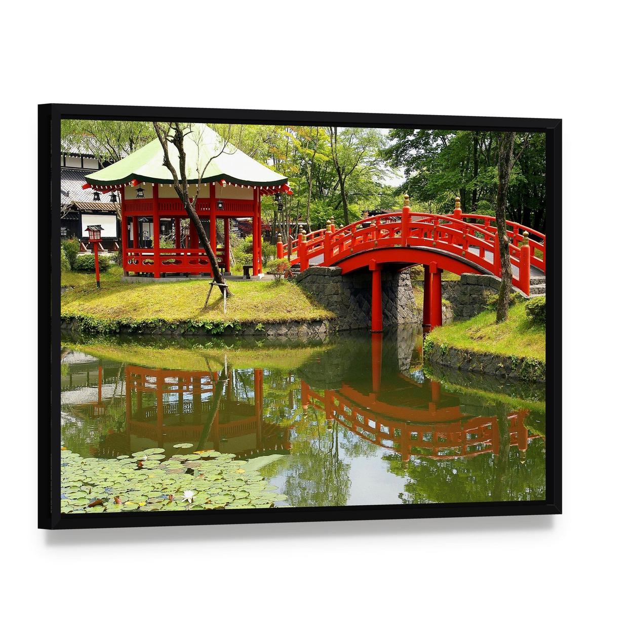 Samurais Village Pond, Japan Canvas Wall Art, framed canvas in a black floater frame, angled product view
