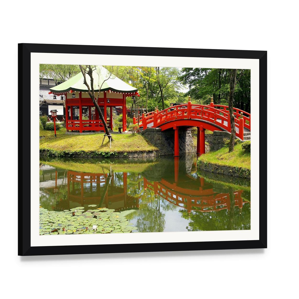Samurais Village Pond, Japan Canvas Wall Art, framed print with white mat and black frame, angled product view