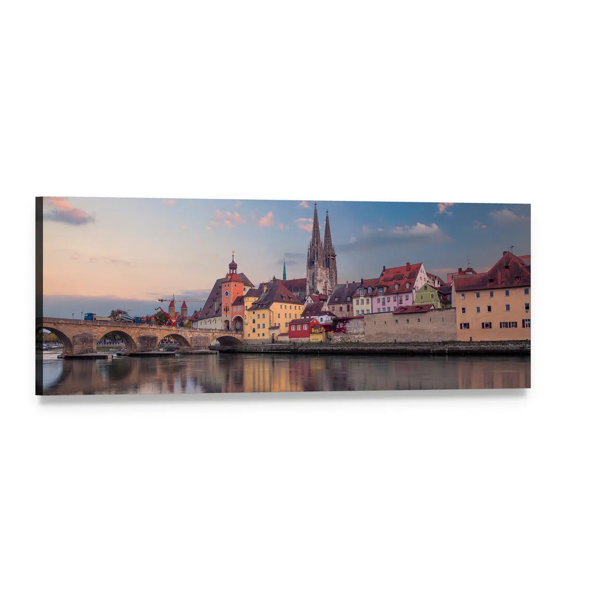 Regensburg Cityscape at Twilight Panoramic Canvas Wall Art, single panel gallery wrapped canvas, angled product view