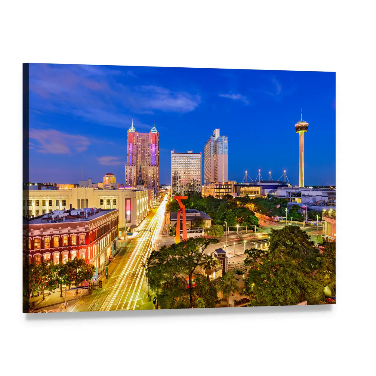 San Antonio Light Trails at Twilight Canvas Wall Art, single panel gallery wrapped canvas, angled product view