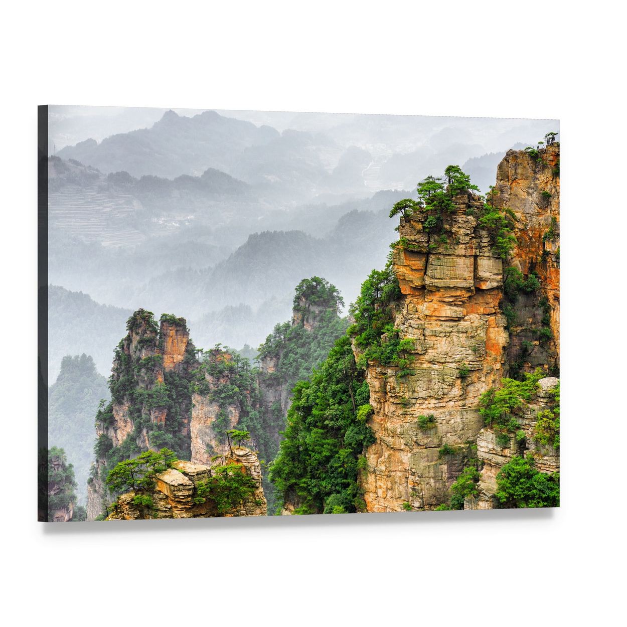 Misty Mountains of Zhangjiajie National Forest Canvas Wall Art, single panel gallery wrapped canvas, angled product view