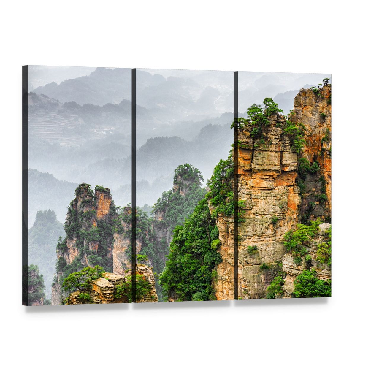 Misty Mountains of Zhangjiajie National Forest Canvas Wall Art, 3 panel 3 Horizontal layout gallery wrapped canvas set, angled product view