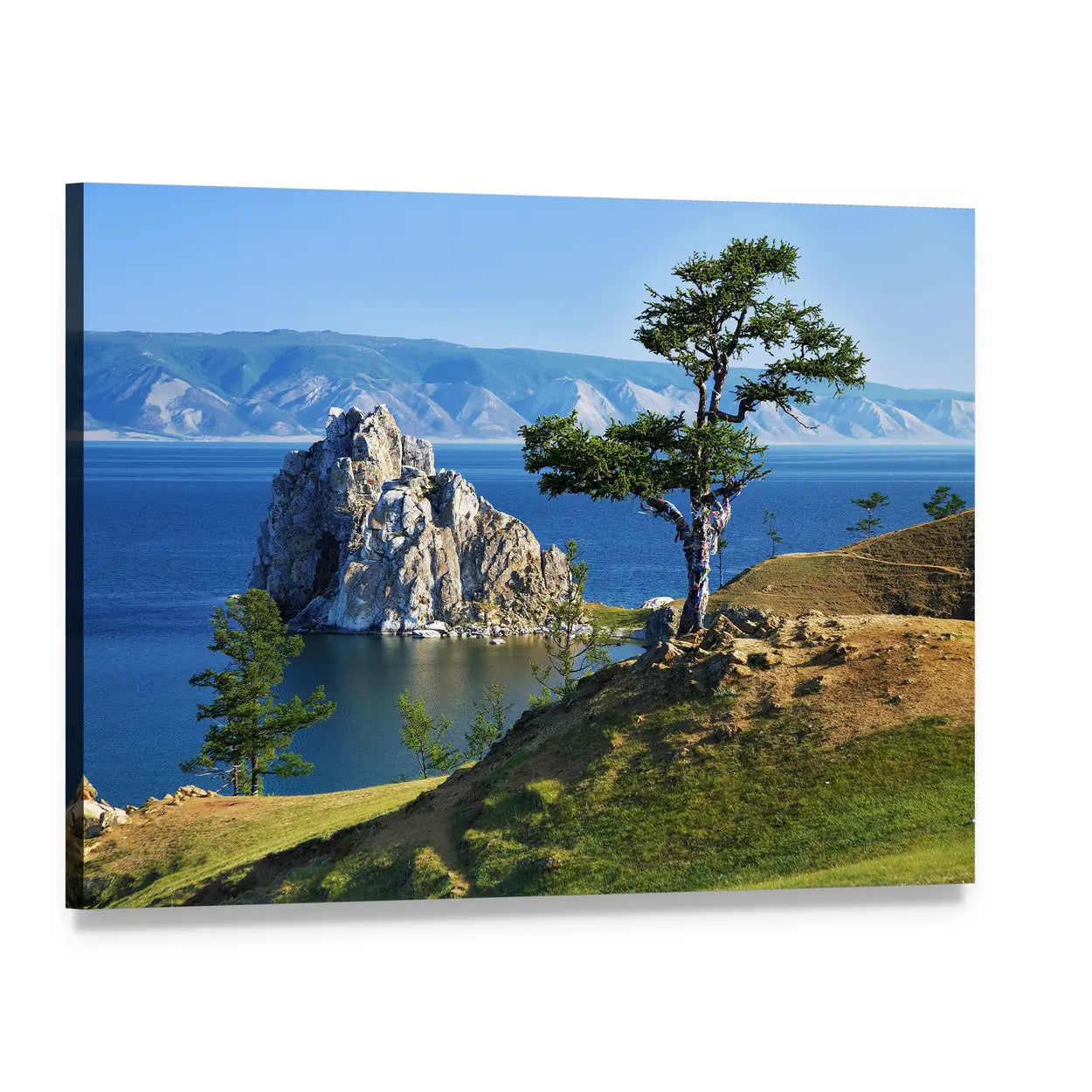 Solitary Tree on Rocky Island Canvas Wall Art, single panel gallery wrapped canvas, angled product view