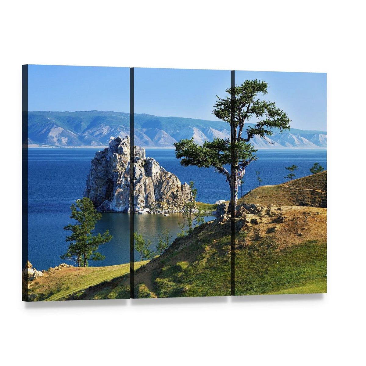 Rocky Island Tree by Lake Canvas Wall Art, 3 panel 3 Horizontal layout gallery wrapped canvas set, angled product view