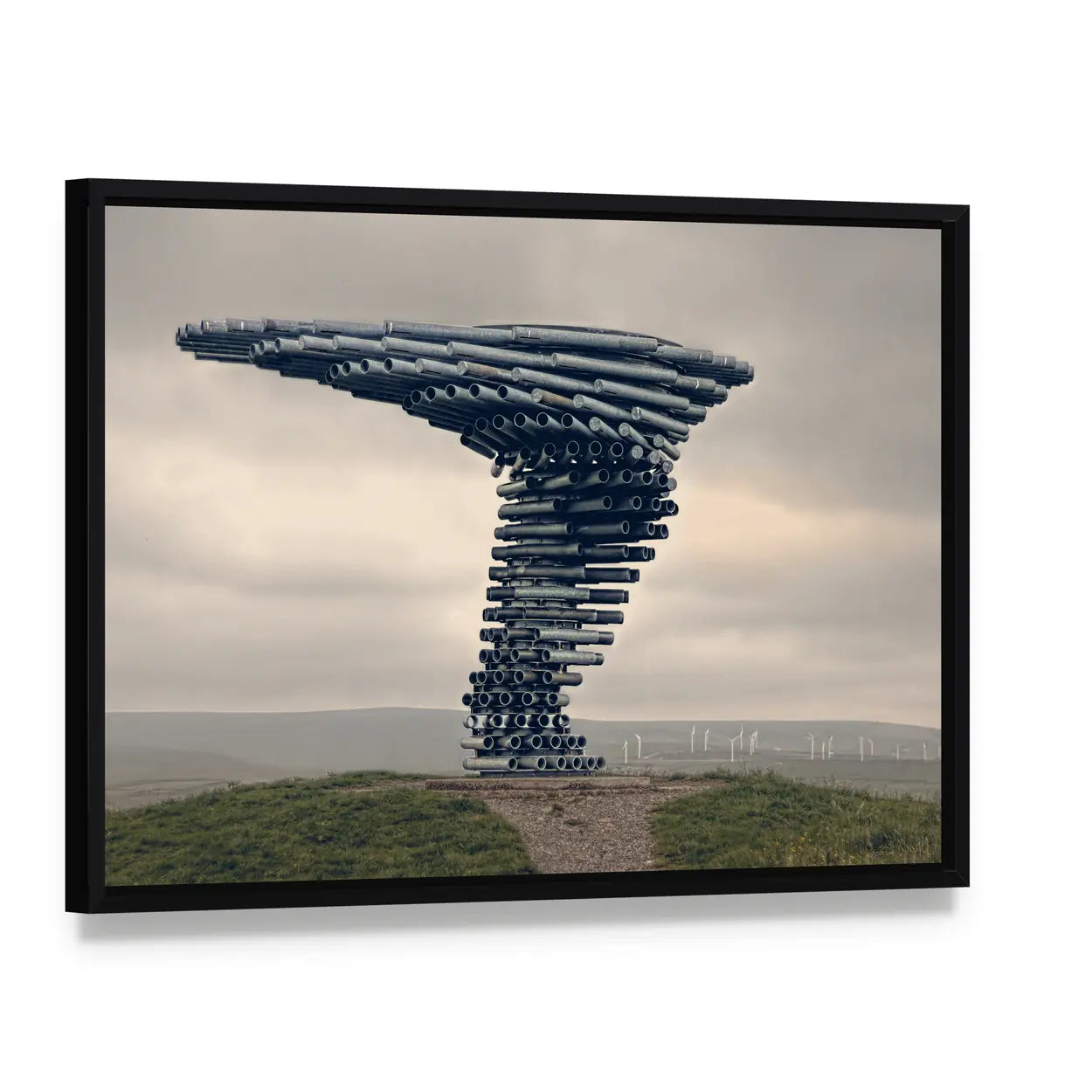Singing Ringing Tree Sculpture in Lancashire Canvas Wall Art, framed canvas in a black floater frame, angled product view