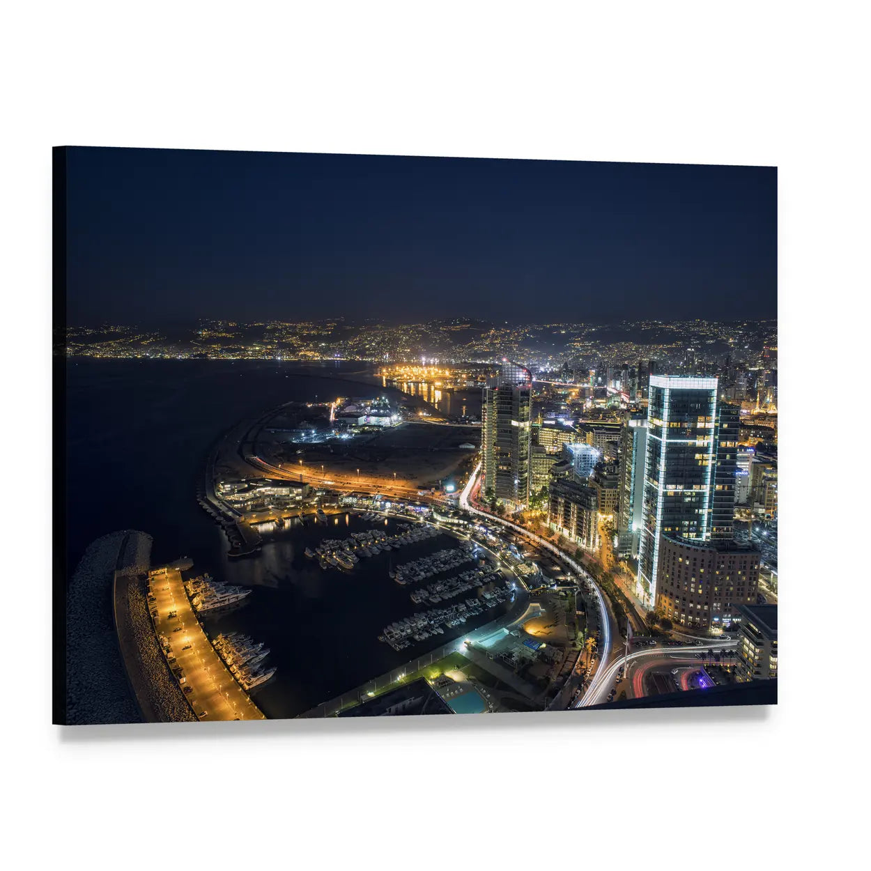 Beirut Night Marina Skyline Canvas Wall Art, single panel gallery wrapped canvas, angled product view