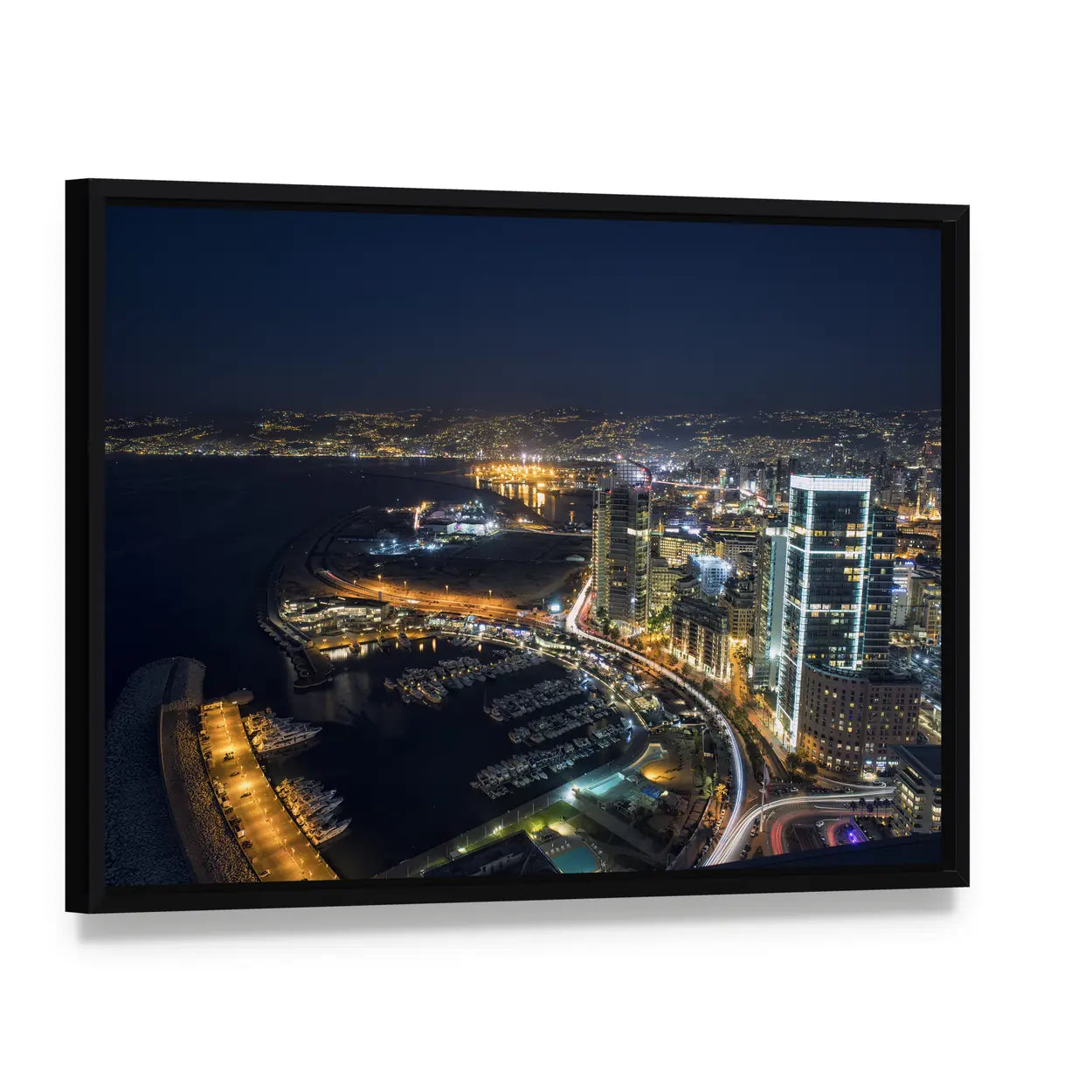 Beirut Night Marina Skyline Canvas Wall Art, framed canvas in a black floater frame, angled product view