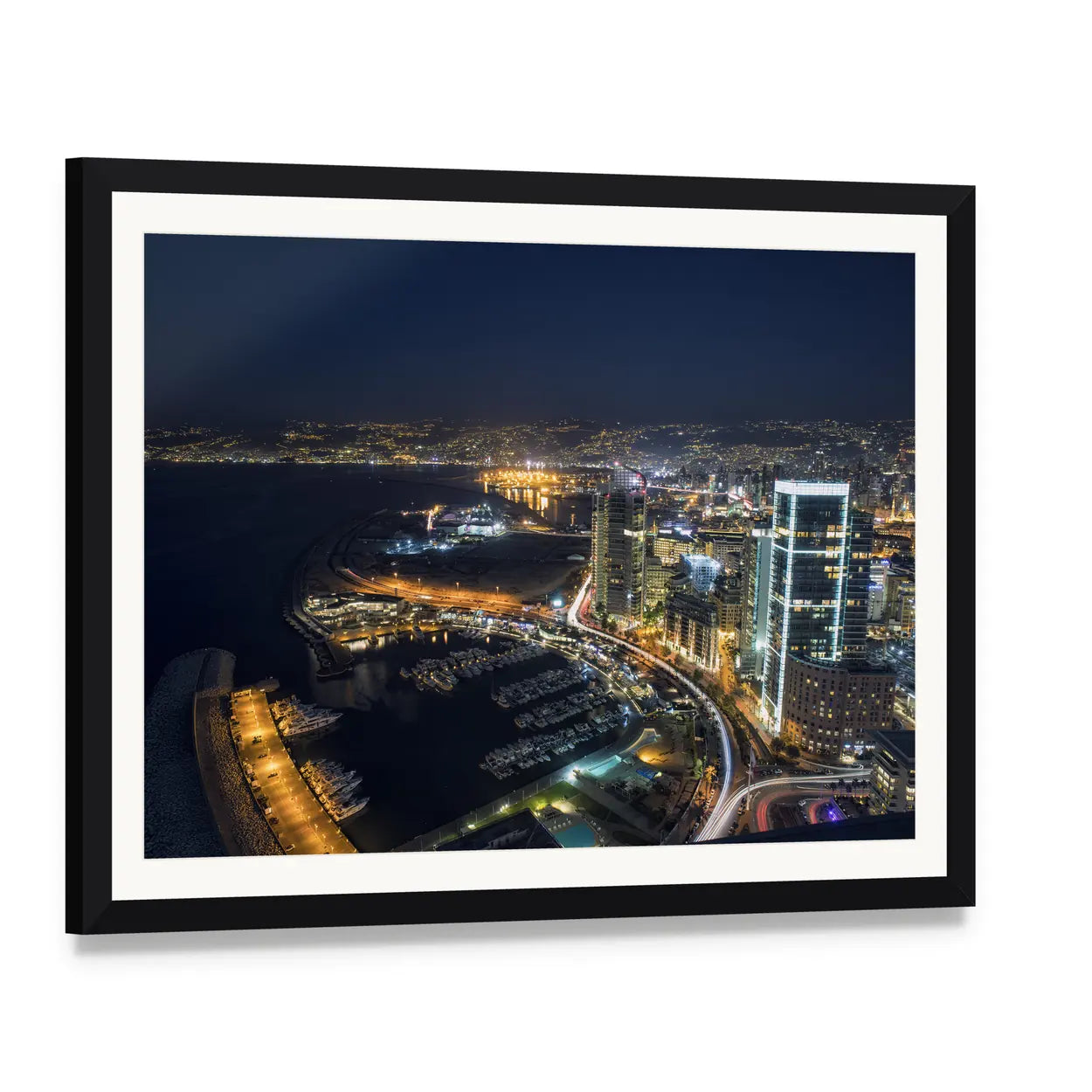 Beirut Night Marina Skyline Canvas Wall Art, framed print with white mat and black frame, angled product view