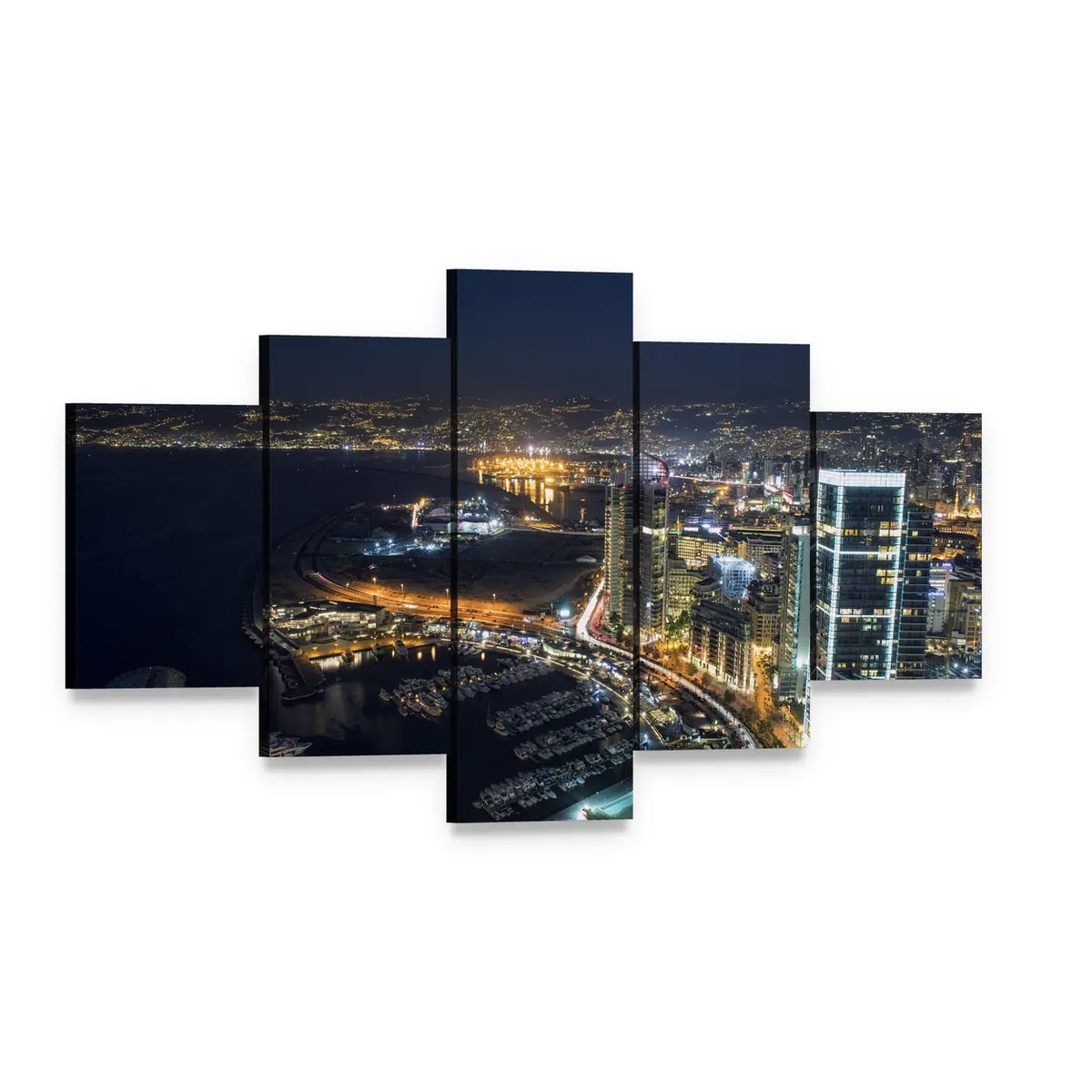 Beirut Night Marina Skyline Canvas Wall Art, 5 panel 5 Star layout gallery wrapped canvas set, angled product view